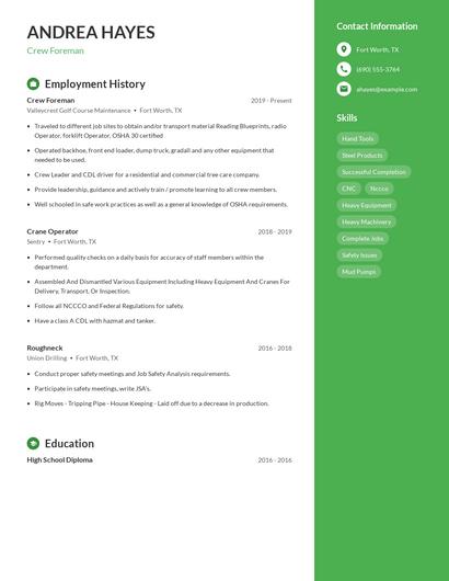Crew Foreman Resume