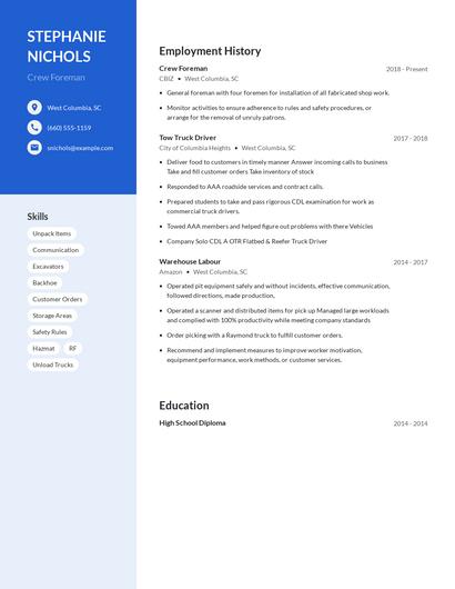 Crew Foreman Resume