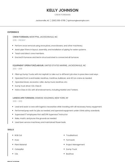 Crew Foreman Resume