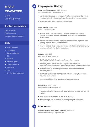 Crew Lead/Supervisor Resume