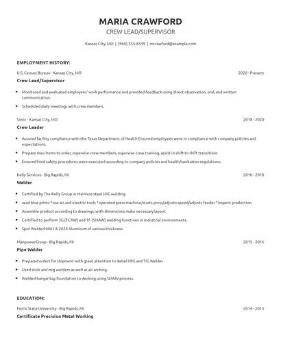 Crew Lead/Supervisor Resume