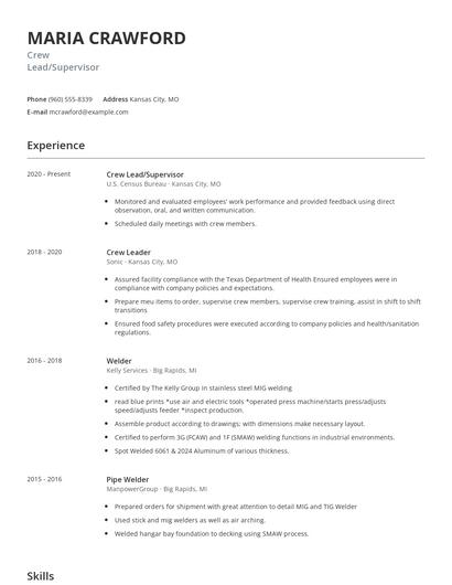 Crew Lead/Supervisor Resume