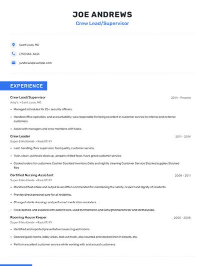 Crew Lead/Supervisor Resume