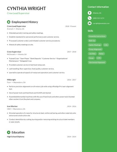 Crew Lead/Supervisor Resume