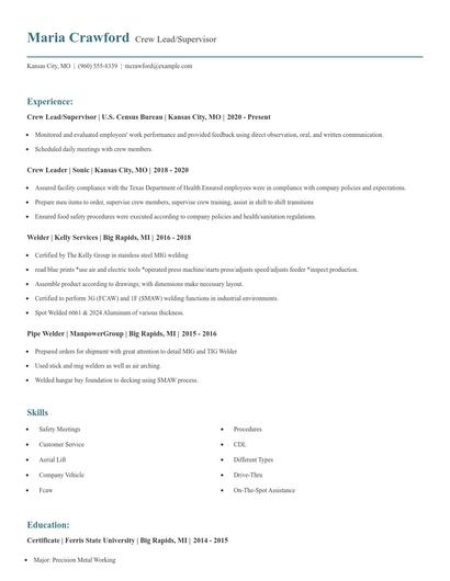 Crew Lead/Supervisor Resume