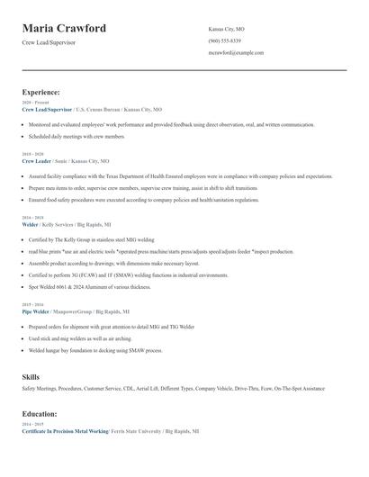 Crew Lead/Supervisor Resume
