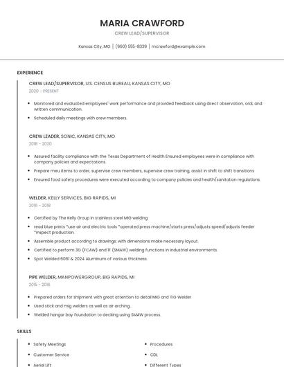 Crew Lead/Supervisor Resume