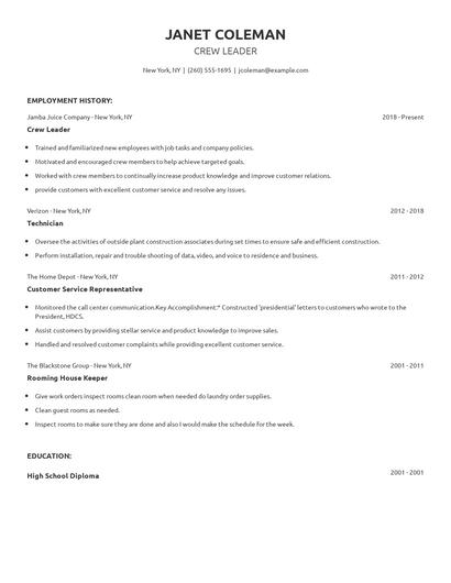 Crew Leader Resume