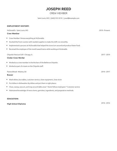 Crew Member Resume