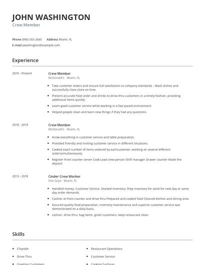 Crew Member Resume