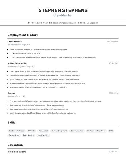 Crew Member Resume