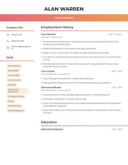 Crew Member Resume