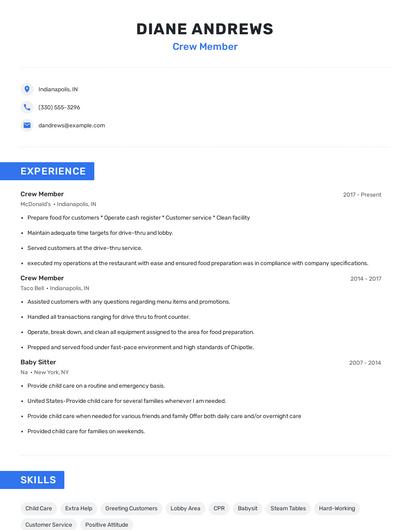 Crew Member Resume