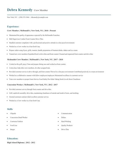 Crew Member Resume