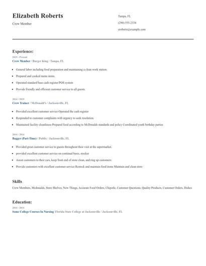 Crew Member Resume