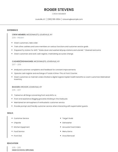Crew Member Resume