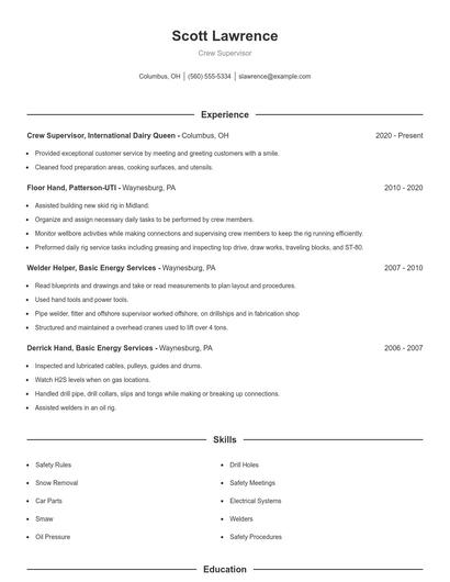 Crew Supervisor Resume
