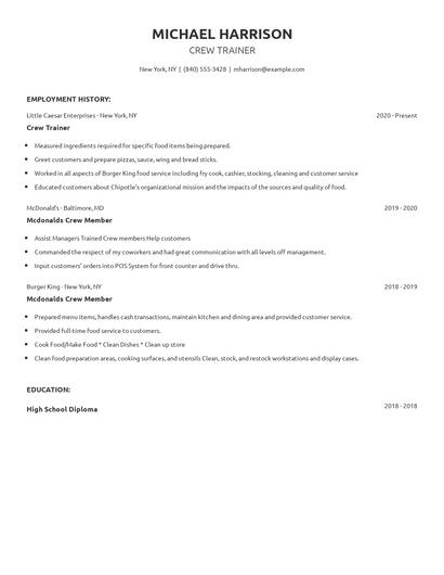 Crew Trainer Resume