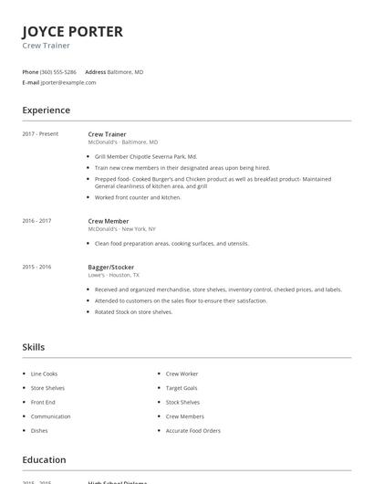 Crew Trainer Resume