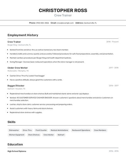 Crew Trainer Resume