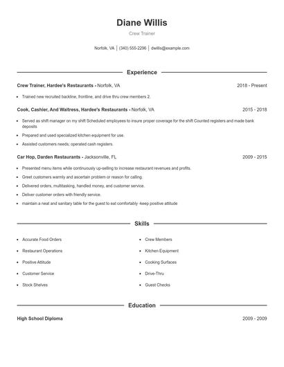 Crew Trainer Resume