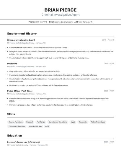 Criminal Investigative Agent Resume