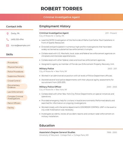 Criminal Investigative Agent Resume