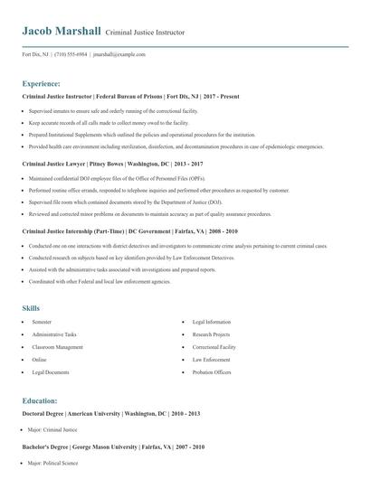 Criminal Justice Instructor Resume