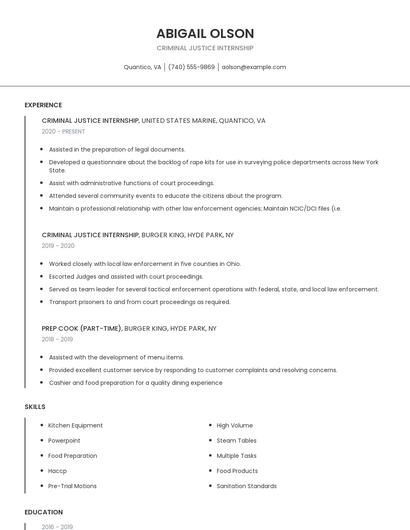 Criminal Justice Internship Resume