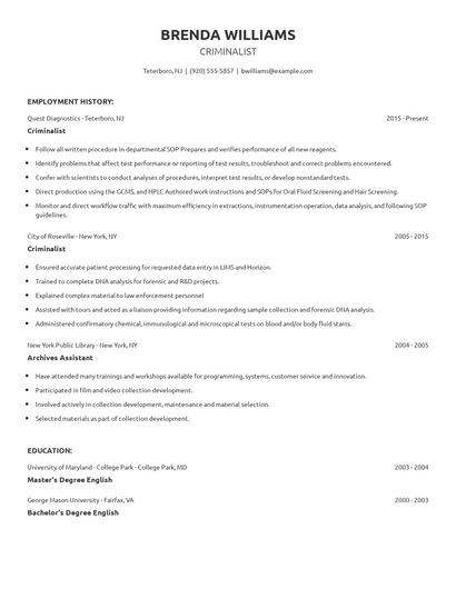 Criminalist Resume
