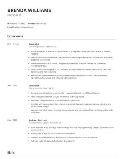 Criminalist Resume