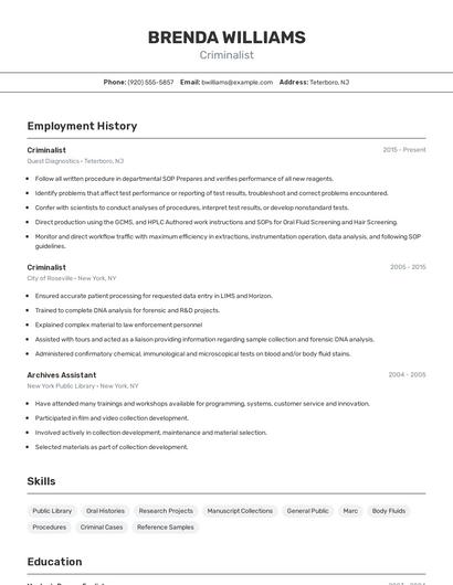 Criminalist Resume