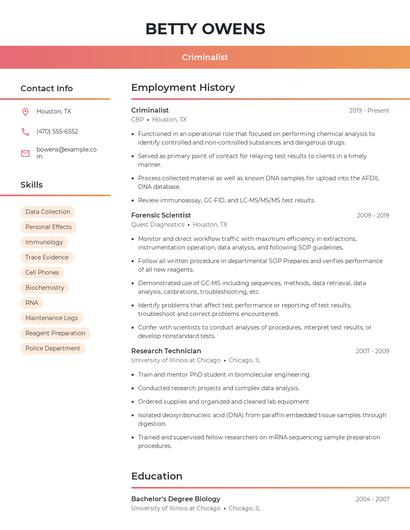 Criminalist Resume