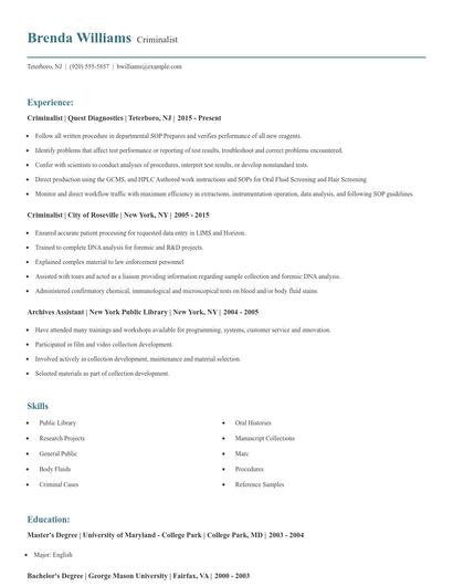 Criminalist Resume