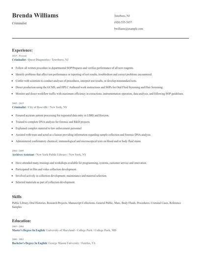 Criminalist Resume