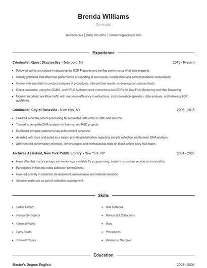 Criminalist Resume