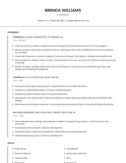 Criminalist Resume