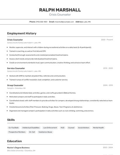 Crisis Counselor Resume