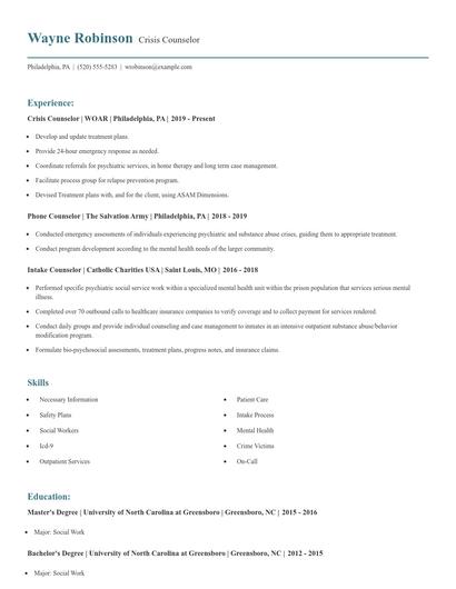 Crisis Counselor Resume