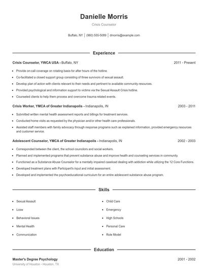 Crisis Counselor Resume
