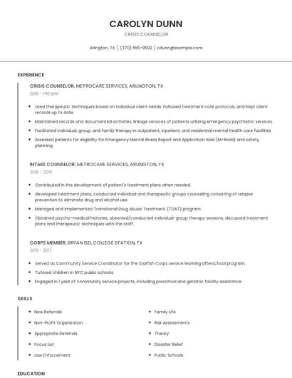 Crisis Counselor Resume
