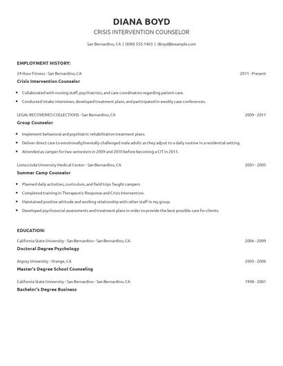 Crisis Intervention Counselor Resume