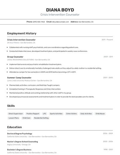 Crisis Intervention Counselor Resume