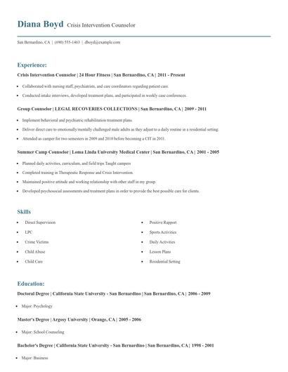 Crisis Intervention Counselor Resume