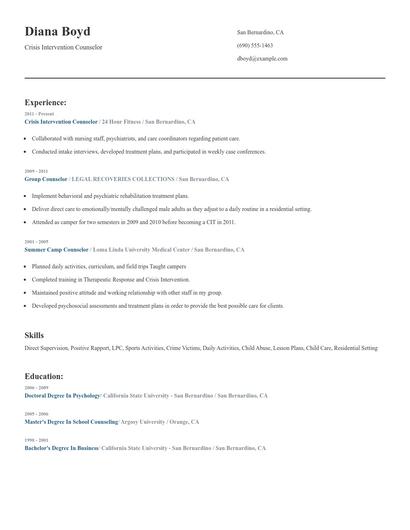 Crisis Intervention Counselor Resume