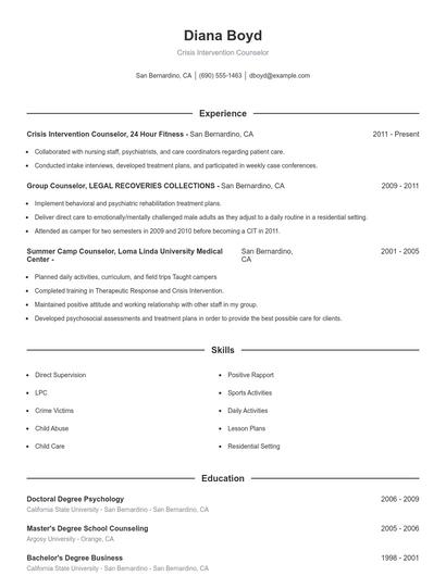 Crisis Intervention Counselor Resume