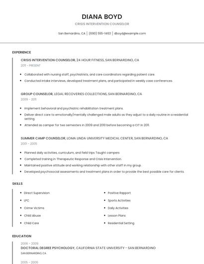 Crisis Intervention Counselor Resume