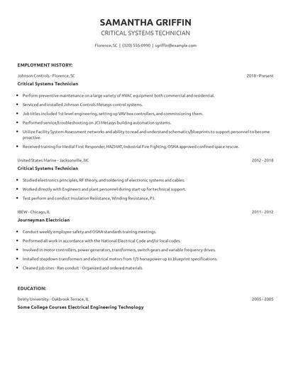 Critical Systems Technician Resume
