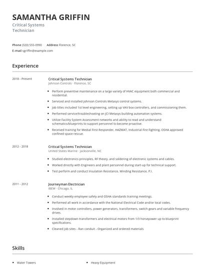 Critical Systems Technician Resume