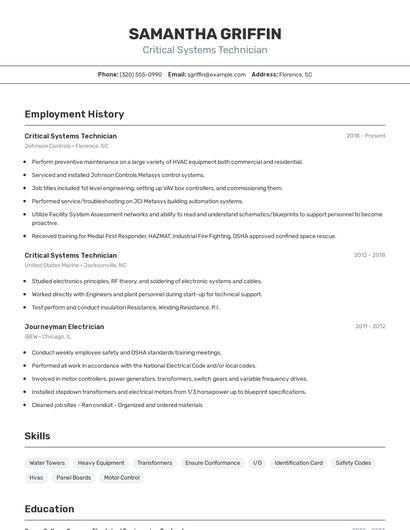 Critical Systems Technician Resume
